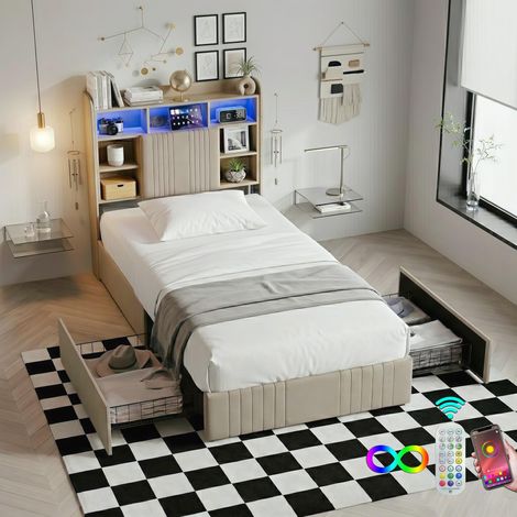 Cama Individual con Almacenaje 90x200 cm, Cama de Adulto en Lino con 2 Cajones y Somier, Cabecero Estantería, LED y USB - Beige