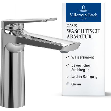 Villeroy & Boch Oasis Waschtischarmatur ohne Zugstange, Wasserhahn Bad mit Keramikkartusche, Waschbeckenarmatur wassersparend, Auslauf Höhe 114mm, rund, Chrom