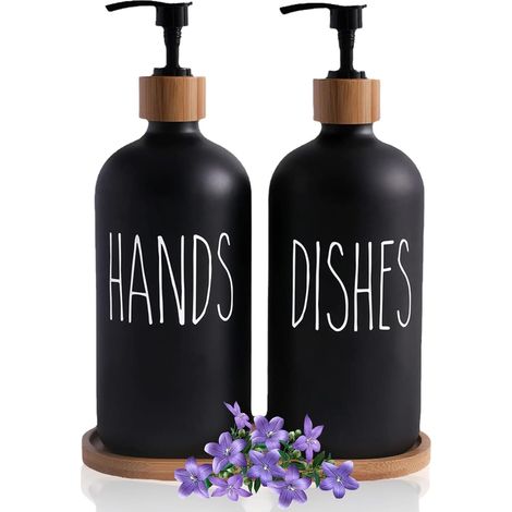 Lot de 2 distributeurs verre noir mat 500 ml + plateau, liquide vaisselle, déco style ferme