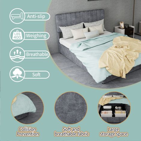 Lit capitonné design épuré, tête de lit moelleuse, 140x200 cm, teinte grise, meuble de chambre polyvalent, sommier à coffre surélevé avec vérin à gaz, sans matelas. (1/5)