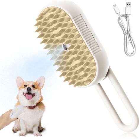 Brosse vapeur pour chat et chien, rechargeable, avec peigne antistatique, massage, nettoyage, démêlage et peignage en un seul geste, Blanc (1/5)