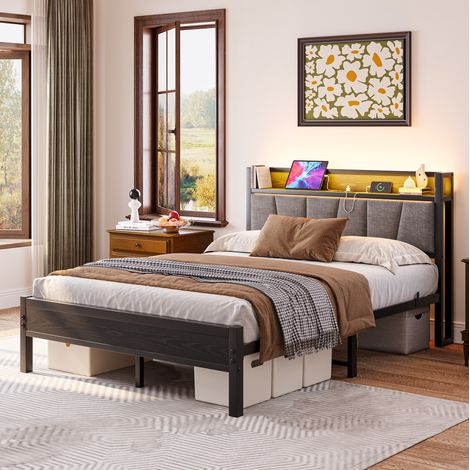 Lit adulte 140x190 cm en métal noir, LED USB, facile à monter pour chambre, sans matelas FloraGrace (1/5)