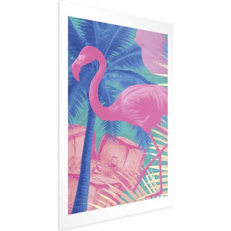 Poster – Rosa Flamingo – Abstrakter Flamingo vor einem Hintergrund aus Palmen und Eiswürfeln (1/4)