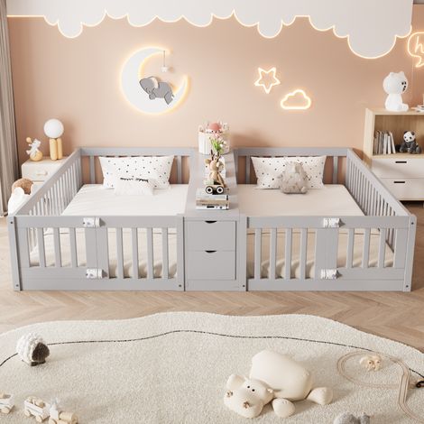 Lit Double 2x90x200cm - Avec Rangements Centraux (Étagères et Tiroirs) - Barrières de Sécurité - Structure Bois - Capacité 120kg - Gris (1/5)