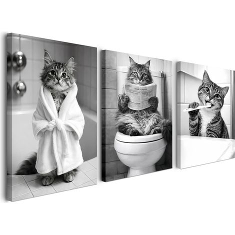 Lot de 3 tableaux de salle de bain - 30 x 40 cm - Motif chats amusants en noir et blanc - Impression sur toile avec cadre - Décoration murale pour salle de bain et WC d'invités (1/5)