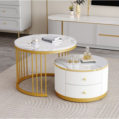 Tavolino da salotto set 2 pezzi MDF bianco effetto marmo lucido, rotondo 60 cm, con 2 cassetti (1/5)