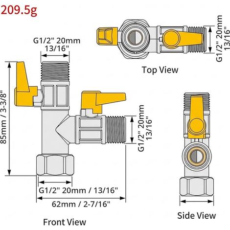 3-way valve, T valve G1/2", diverter shower system, with shut-off valve, brass, suitable for kitchens, bathrooms (1/4)