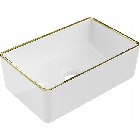 Lavabo cerámico sobre encimera, 36,5x23,5x12 cm, Blanco/Dorado