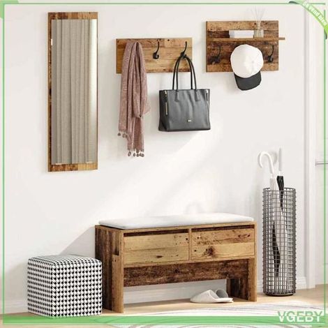 Ensemble de meubles d'entrée - Banc de rangement avec miroir - Bois ancien - 90 x 31 x 46,5 cm - 1 tiroir (1/5)