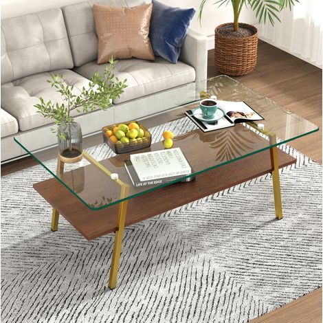 Table basse rectangulaire 98x58x42,5 cm brun et doré, plateau en verre trempé, MDF et métal MEUBLIV (1/5)