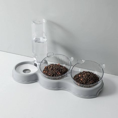 Station d'alimentation 3-en-1 pour chats et chiens avec distributeur d'eau automatique — Design incliné à 15°, double gamelle avec bouteille d'eau automatique, détachable (Gris)