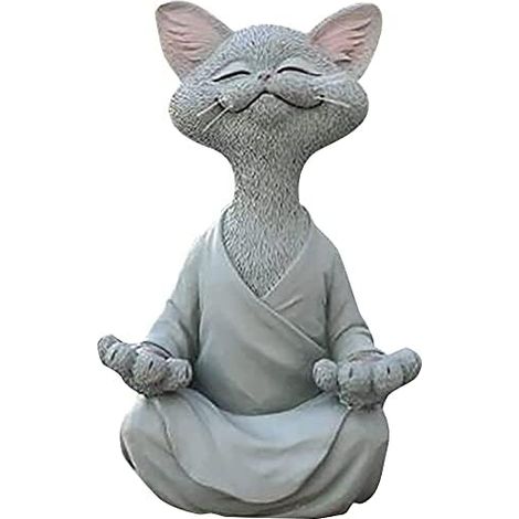 Figurine Bouddha chat gris en résine – Décoration de jardin zen 12x8x18 cm – Ambiance méditative – Cadeau pour amoureux des chats – Mezheng