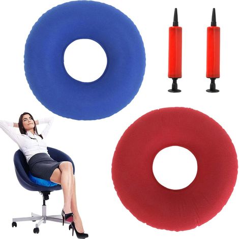 2 Coussind’AssiseGonflable en Anneau,CoussinRondGonflable,CoussindesiègeGonflable en Polyester,Coussin de Siège Gonflable Ergonomique,Pompe à Ceinture Souple, hémorroïdes, Rouge + Bleu (1/5)