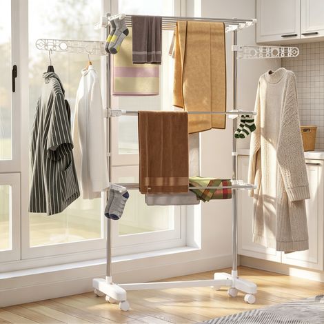 Support à linge mobile, sèche-linge, 3 niveaux, pliable, argent + blanc (1/5)
