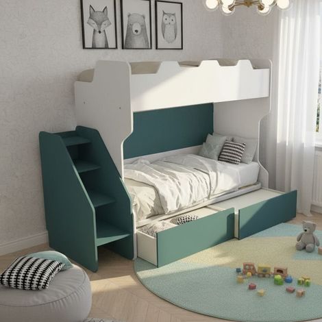 Letto a castello salvaspazio con terzo letto estraibile e scala laterale - Ideale per camerette - Bianco e Petrolio (1/5)