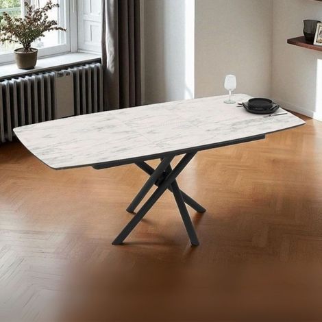 Tavolo allungabile con piano marmo bianco e gambe a stelo incrociate nere 138/178x90x76H Katrin (1/5)