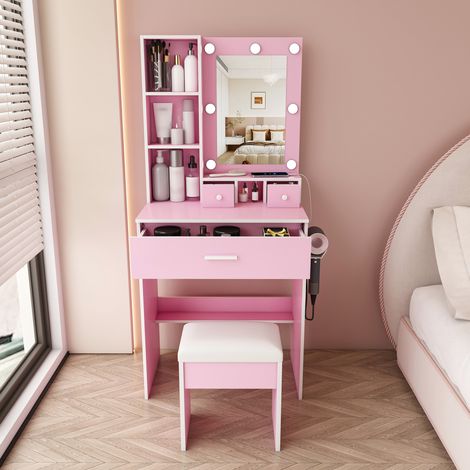Coiffeuse rose avec miroir LED réglable, prises intégrées, porte-sèche-cheveux et tabouret rembourré - 60x38x131,5 cm (1/5)