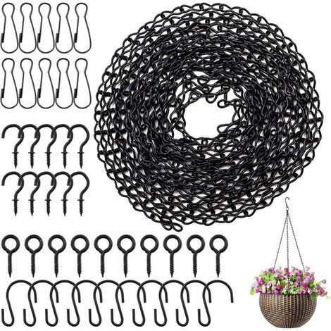 Catena in acciaio nero da 500 cm con ganci, clip e anelli a vite per appendere piante e mangiatoie per uccelli. (1/5)