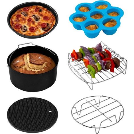 Juego de accesorios freidoras aire todas marcas, 6 piezas incluye molde pasteles, rejilla multifuncional brochetas, tapete silicona molde huevos (1/5)