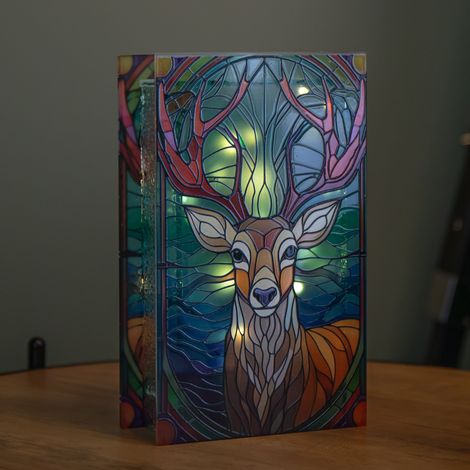 21cm Battery Operated Light up Stained Glass Christmas Decoration with Stag Scene & Warm White LEDs (1/3)