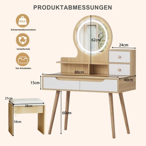 Coiffeuse avec miroir et éclairage LED réglable, tabouret rembourré, grand plan de travail, 2 tiroirs et 2 placards, MDF, 80 x 135 x 40 cm (1/5)