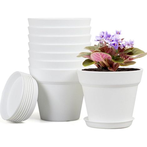 Blumentopf Set 10cm Plastik Untersetzer Ablauflöcher Weiß 4IN