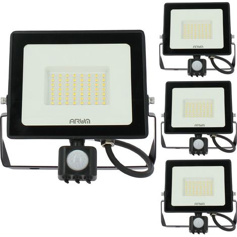 Arum Lighting – Lot de 4 projecteurs LED 50W noir avec détecteur de mouvement – IP44 – Blanc neutre 4000K – 4500 lumens – Installation extérieure