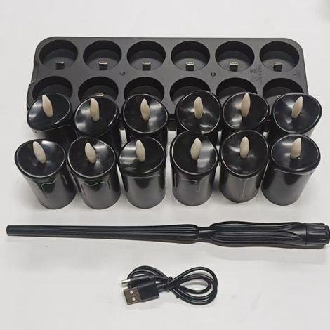 Lot de 12 Bougies Chauffe-Plat LED Rechargeables Sans Flamme avec Télécommande, Minuterie et Base de Charge, Décoration Halloween, Baguette magique, Noir (1/4)