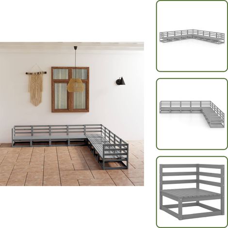 9-tlg. Garten-Lounge-Set Grau Kiefer Massivholz - Gartensofa - Lounge Set - Gartenmöbeln - Rattan Gartenmöbel - Holz Gartenmöbel
