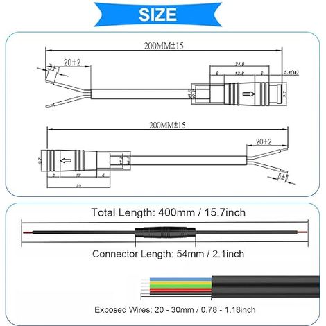 câbles d'extension étanches Julet 5 broches vélo électrique - Câble 20 cm fiches mâle femelle éclairage, gaines thermorétractables. (1/3)