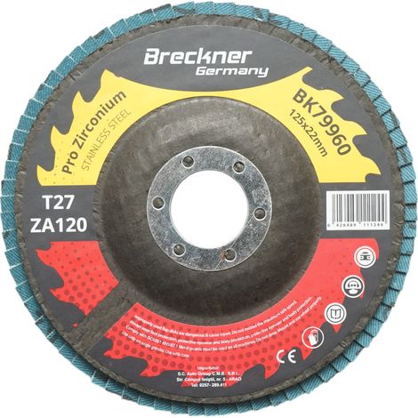Disco lamellare abrasivo in zirconia T27 ZA120, 125x22mm per levigatura/lucidatura di metalli e acciaio inossidabile Breckner Germany