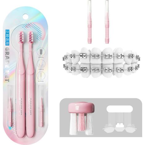 Brosse à Dents Orthodontique en V, Poils Souples en PBT, Lot de 4 (2 Brosses pour Appareil Dentaire + 2 Brossettes Interdentaires) pour Nettoyage des Bagues, Brackets et Aligneurs - Rouge (1/5)