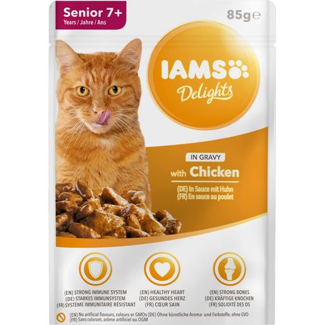 IAMS Delights Cat Wet Senior Sugo di pollo singolo, 85 g (la confezione può variare)