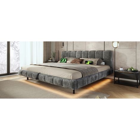 Cama tapizada 222x194x82 cm, con almacenamiento hidráulico, LED, estación de carga USB y Tipo C, chenilla gris (1/5)
