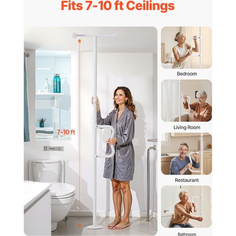 Poteau de Sécurité Sol Plafond, Barre d'Appui de Salle de Bain de Personnes Âgées, Montée sur Tension, avec Poignée Incurvée Antidérapante, Charge 136 kg, pour Plafonds de 2140-3050 mm, Blanc (1/5)