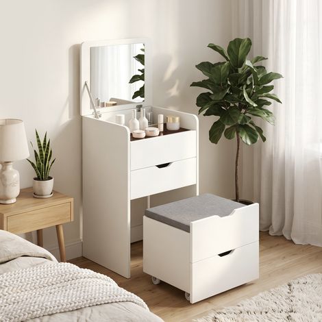 Station de maquillage 3 en 1 avec miroir pliable et tabouret, blanche (1/5)