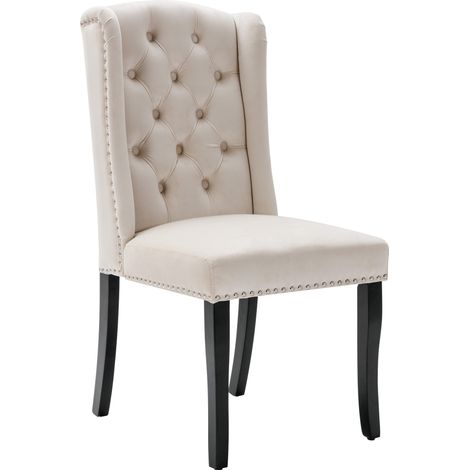 Set de 4 sillas de comedor de terciopelo con patas de roble, botones y tachuelas beige MODENUIT (1/5)