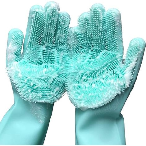 Silikon-Spülhandschuhe, Gummibürste für die Tierpflege, Reinigungsschwamm mit Bürste (33 cm lang)