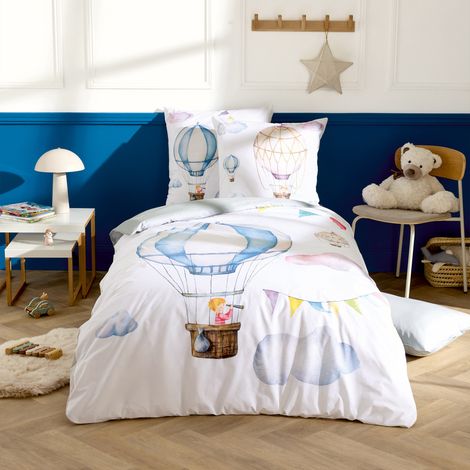 Housse de couette enfant percale de coton montgolfière Bleu 140x200 cm