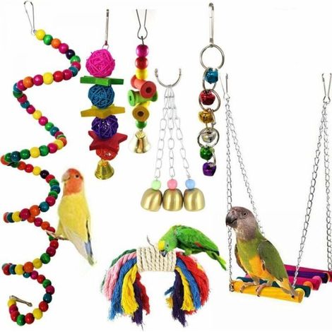 Parrot Hanging Toys, 7 Pcs Bird Parrot Toys Bird Hanging Bell Toy Bird Swing Hanging Toy Bird Cage Toys for Small Parrots, Macaws, Parakeets (1/3)