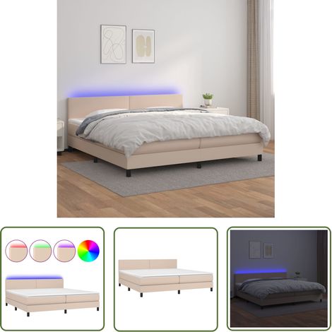 The Living Store Sommier à lattes de lit avec matelas LED Cappuccino 200x200 cm - Sommier Tapissier - Lit Capitonné - Lit Avec Éclairage LED - Matelas À Ressorts Ensachés - Têtière Ajustable (1/5)