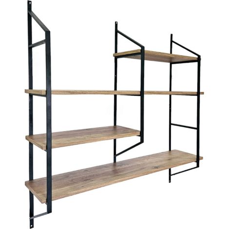 Estantería de pared de metal de diseño - 4 compartimentos de almacenamiento - madera y negro YOMI (1/3)