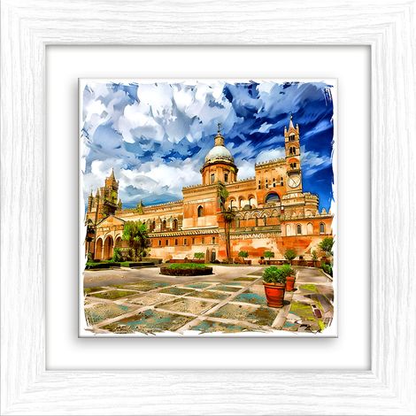 Lupia - Quadro moderno con paesaggi e localismi italiani, Ceramica e Stampa Rilievo, Cornice Legno Shabby Modern bianca, Decorazione Parete, Quadretti Soggiorno, 29x29 cm, PALERMO CATTEDRALE (1/4)