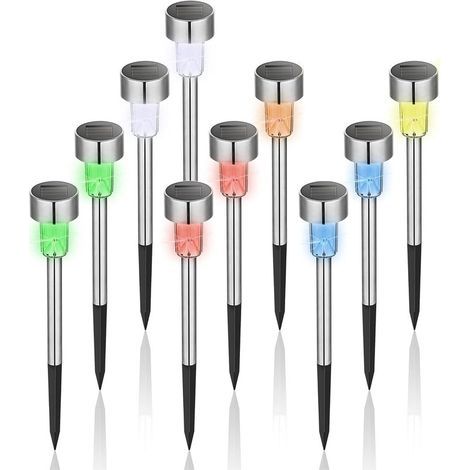 Set of 10 Waterproof Outdoor LED Solar Lights in Stainless Steel for Patio, Lawn, Yard and Landscape, Multicolor (1/4)