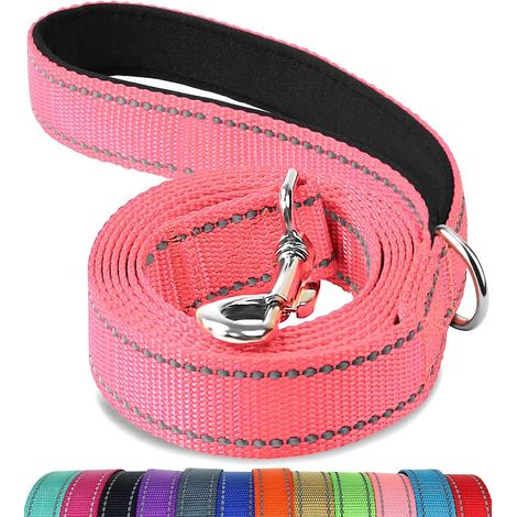 Laisse réfléchissante double face pour chien avec poignée rembourrée - Robuste, 1,5 m x 2 cm, Rose (1/5)