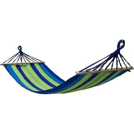 – Hamac simple 200 x 80 cm – Coton 280g/m2 – Charge max 120kg – Barres transversales pour confort – Sac de transport inclus