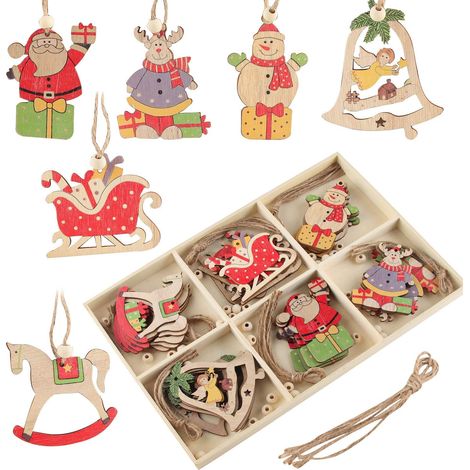 Décoration De Sapin De Noël En Bois - 24 Pièces Formes Assorties Avec Boîte De Rangement En Bois À 6 Compartiments - Cordon Et Perles Inclus (1/5)