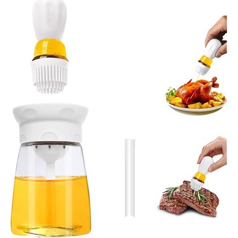 Bouteille distributrice avec brosse – Flacon distributeur bouteille d’huile d’olive de cuisine 2 en 1, pour vinaigre, sauce, barbecue, friture, T-OB22, blanc (1/5)