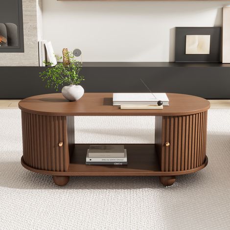 Table basse en noyer 100x50x40 cm avec rangement et portes coulissantes, meuble multifonction gain de place, table de salon à portes glissantes 360°, table à café sur 4 pieds (1/5)