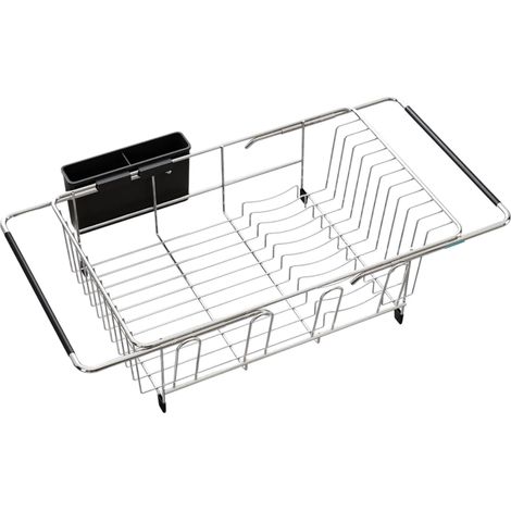 Égouttoir à vaisselle extensible en acier inoxydable pour évier – Avec porte-ustensiles et passoire, double usage (à l'intérieur ou (1/5)